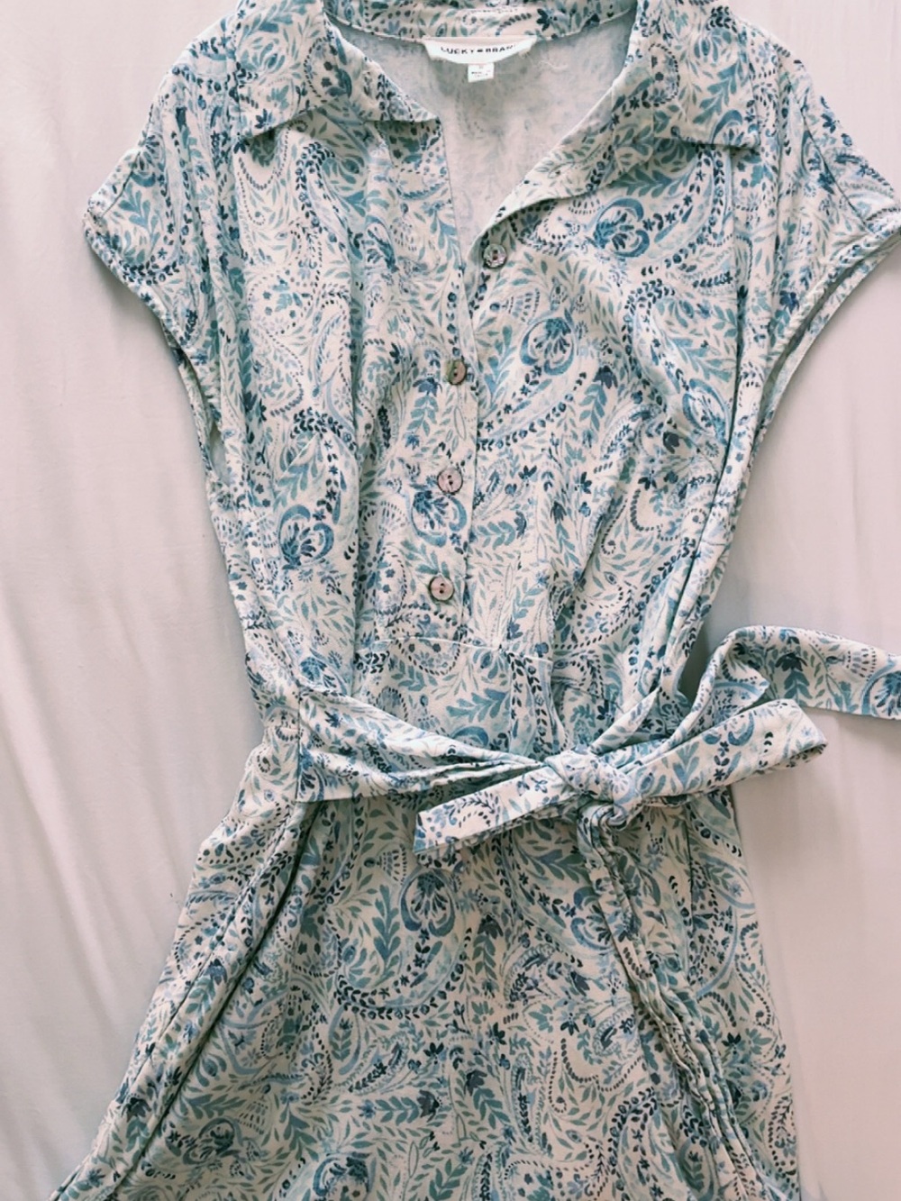 Lucky Brand Blue Cream Paisley Tie-Waist Midi Dress